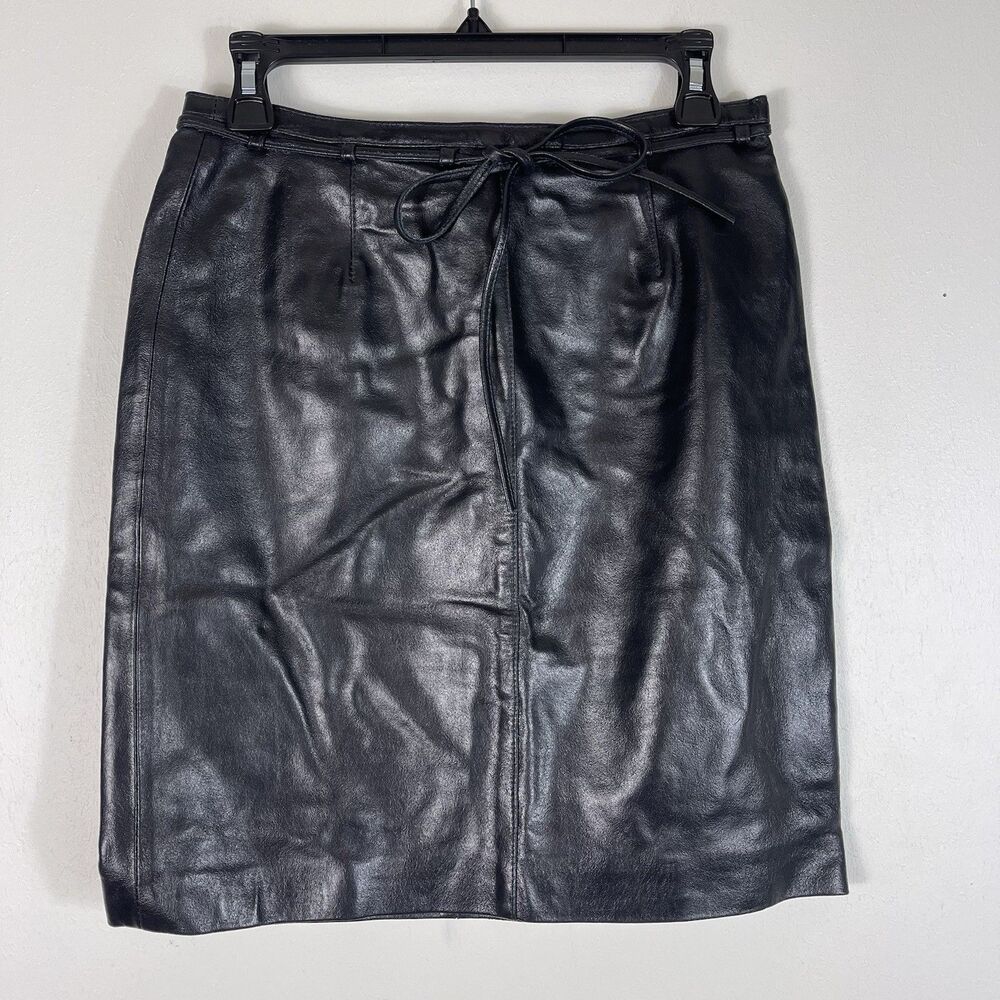 Vintage 90’s High Waist Leather Pencil Skirt Women’s Size 6 Black Belt Mob Wife